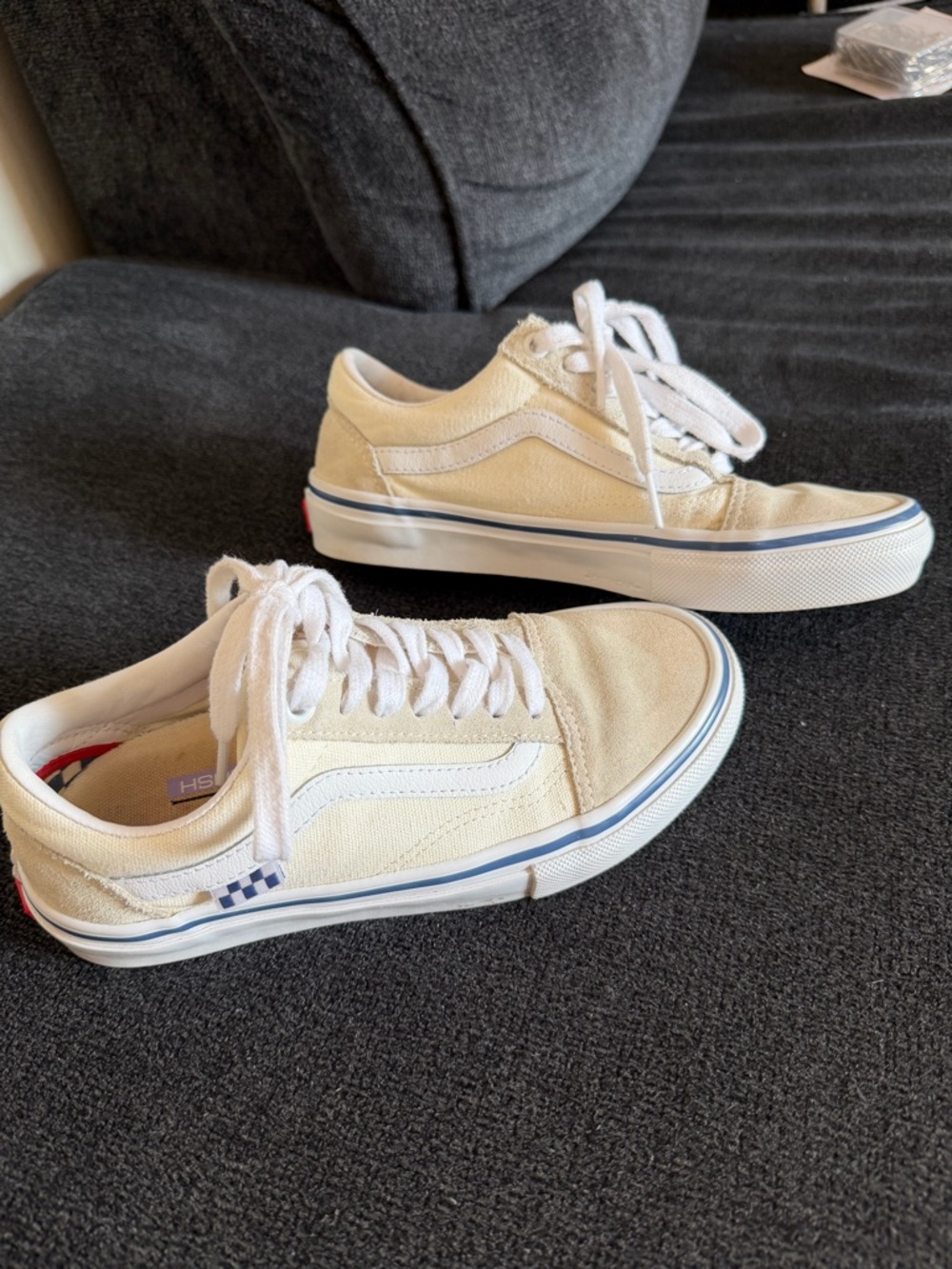 Vans Cream Low-Top Sneakers with White Stripe and Blue Trim